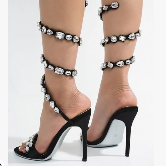 Cape Robbin Women Rhinestone Jewel Spiral Black ankle wrap strap heels - Picture 3 of 8